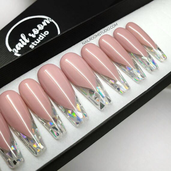 10 Nails Pink Broken Glass French Half Transparent Opal Etsy