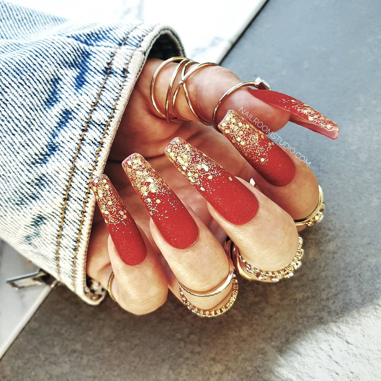 10 Nails Red Matte Gold Glitter Ombre French Press on False - Etsy 10 Nails Red Matte Gold Glitter Ombre French Press on False - Etsy