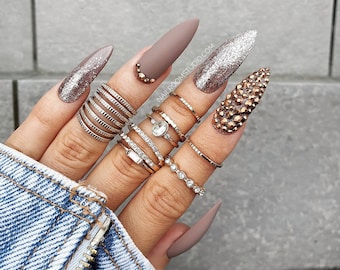 10 LIGHT BROWN nails | matte opal gold crystals chrome glitter | glue on pop artificial fake false pressons gel acrylic sculpted coffin tips