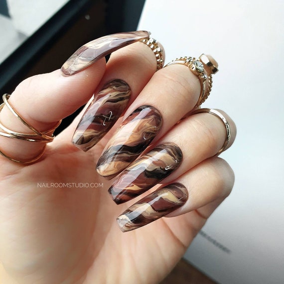 10 Nails Brown Marble Long Short Medium Small Matte Glossy | Etsy 10 Nails Brown Marble Long Short Medium Small Matte Glossy | Etsy