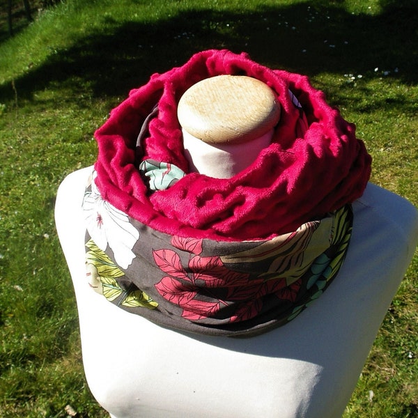 Snood rouge et coton  col-capuche, double col,écharpe