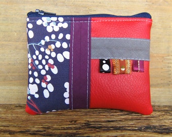 purse or zipped card, cotton fabric and red leather, vegan