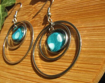 Boucles d'oreilles "cosmos", en acier inoxidable et cabochon en verre, tissu bleu wax,africain