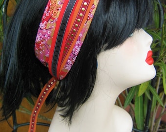 Bandeau/ceinture réversible tissu japonnais sakura or et rouge