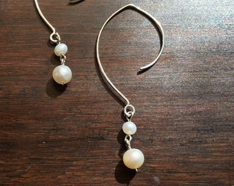 Real Freshwater white pearl Earrings, simple modern bridal style, sterling silver unique handmade ear wires, bridesmaid gift wedding earring