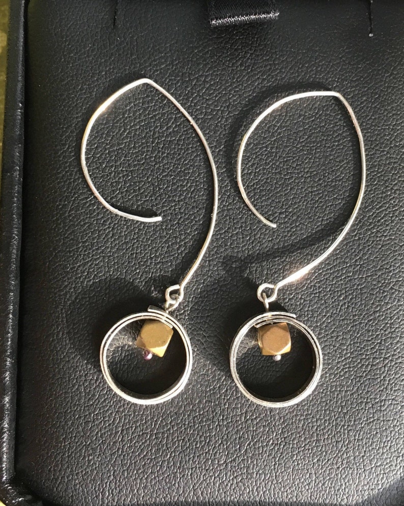 frosted gold titanium hematite bead Sterling silver and gold color bead accent unique earrings modern minimal boho modern ear-wires