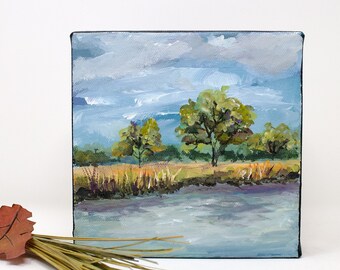 Landscape painting, canvas, original acrylic painting, mini painting, gift idea, wall decor, "River and Marsh"