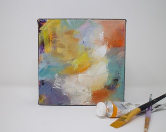 Abstract colorful  small painting on canvas original acrylic painting for wall decor, "Imprint II"
