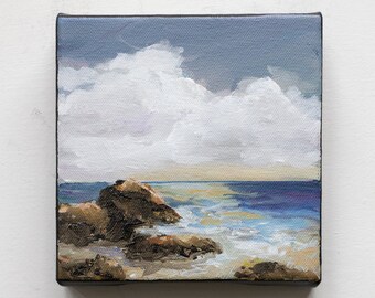 Abstract acrylic  beach painting, coastal, impressionist painting on canvas,  beach scene, "Rocky Shore"