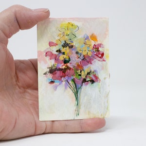 ACEO original cards ATC, collectable mini flower painting on watercolor paper, acrylic painting, F1006 image 2