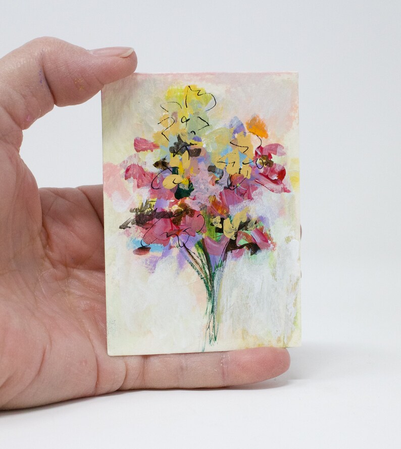 ACEO original cards ATC, collectable mini flower painting on watercolor paper, acrylic painting, F1006 image 2