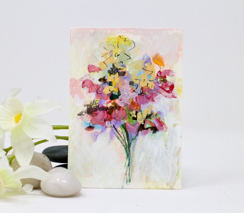 ACEO original cards ATC, collectable mini flower painting on watercolor paper, acrylic painting, F1006 image 1