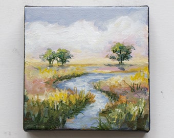 Landscape painting, canvas, original acrylic painting, mini painting, gift idea, wall decor, "Afternoon By The Creek"