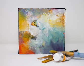 Abstract colorful  small painting on canvas original acrylic painting for wall decor, "Imprint I"