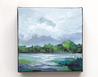 Landscape painting, canvas, original acrylic painting, mini painting, gift idea, wall decor, "River and Woods"