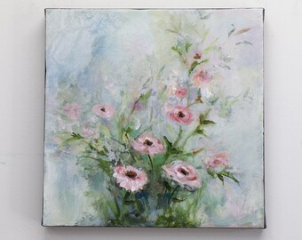 Flower painting on canvas original small acrylic painting of flowers for gift or wall decor, "Garden Secrets III"