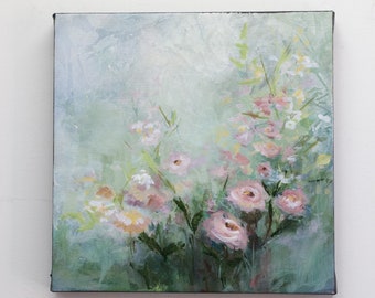 Flower painting on canvas original small acrylic painting of flowers for gift or wall decor, "Garden Secrets I"