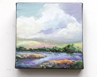 Landscape painting, canvas, original acrylic painting, mini painting, gift idea, wall decor, "River, Clouds, and Sky"