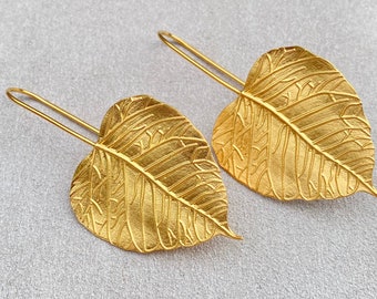 Large Banyan Tree Leaf Sterling Silver/18 Carat Gold Hook Earrings