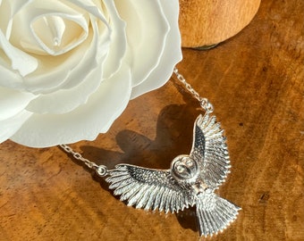 Barn Owl In Flight - Heavy Sterling Silver Handmade Necklace & Gift Box - The Menagerie Collection