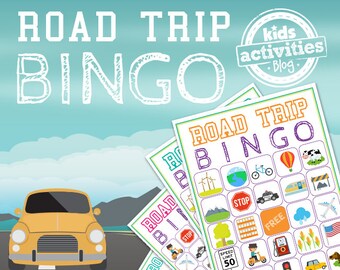May include: A set of five colorful road trip bingo cards with images of a stop sign, a gas station, a speed limit sign, a hot air balloon, a cow, a car, a train, a bicycle, a cloud, a windmill, a mountain, a house, a traffic light, and a cornfield. The text "ROAD TRIP BINGO" is at the top of each card. The text "kids activities Blog" is in a circle at the top right corner of the image.