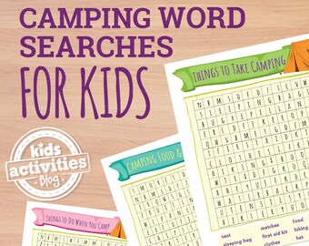 May include: Three printable camping word search puzzles for kids. The puzzles are titled "Things to Take Camping", "Camping Food &", and "Things to Do When You Camp".