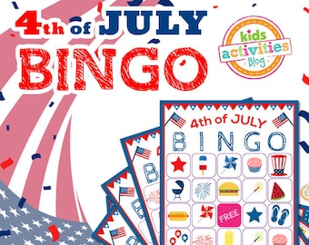 May include: Five printable 4th of July Bingo cards with red, white, and blue stars and stripes. The cards feature images of fireworks, hot dogs, watermelon, ice cream, and other 4th of July themed items.