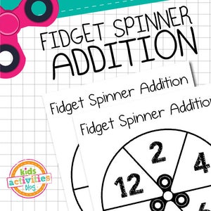 Puede incluir: Un juego de suma con un spinner fidget imprimible en blanco y negro con las palabras "Fidget Spinner Addition" en la parte superior. El spinner tiene los números 12, 2 y 4 en él.
