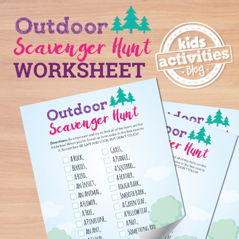 May include: A printable outdoor scavenger hunt worksheet with a checklist of items to find, such as a rock, berries, a bird, an insect, an animal, a flower, a tree, a pinecone, an ant, and a cloud. The worksheet is designed for kids and features a colorful design with green trees and a blue background.