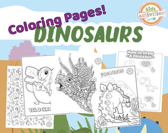 May include: Black and white colouring pages featuring dinosaurs, including a Velociraptor, Triceratops, Stegosaurus, and a how-to-draw dinosaur guide. The pages are titled "Colouring Pages! DINOSAURS" and "How to Draw - A Dinosaur - ".