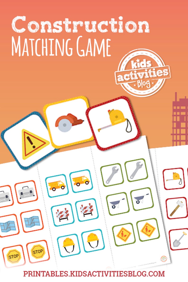 construction memory matching game printable for kids etsy