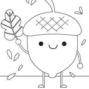 K&ouml;nnte beinhalten: Eine Schwarzwei&szlig;-Zeichnung eines Cartoon-Eichelchens mit einem l&auml;chelnden Gesicht, das ein Blatt h&auml;lt. Die Eichel hat zwei Beine und zwei Arme. Die Eichel ist von kleinen Bl&auml;ttern umgeben.