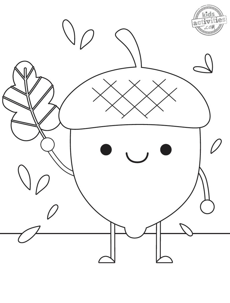 K&ouml;nnte beinhalten: Eine Schwarzwei&szlig;-Zeichnung eines Cartoon-Eichelchens mit einem l&auml;chelnden Gesicht, das ein Blatt h&auml;lt. Die Eichel hat zwei Beine und zwei Arme. Die Eichel ist von kleinen Bl&auml;ttern umgeben.