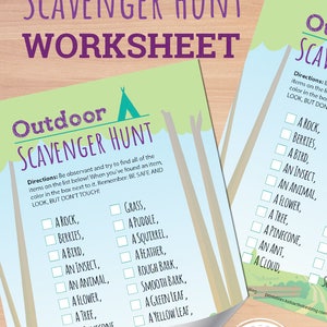 May include: A printable outdoor scavenger hunt worksheet with a checklist of items to find in nature, such as a rock, berries, a bird, an insect, an animal, a flower, a tree, a pinecone, an ant, and a cloud. The worksheet is designed for kids and features a green and brown forest background with a tent icon.