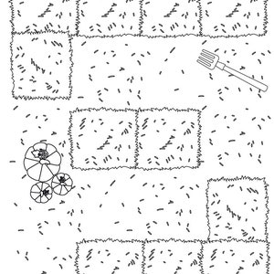 K&ouml;nnte beinhalten: Eine Schwarzwei&szlig;-Zeichnung eines Gartens mit Heuballen, einer Harke und K&uuml;rbissen. Der Text "kids activities .com" befindet sich in der linken unteren Ecke.