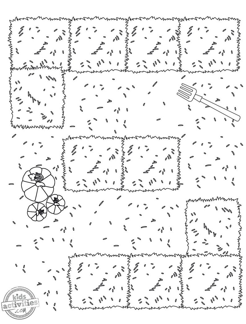 K&ouml;nnte beinhalten: Eine Schwarzwei&szlig;-Zeichnung eines Gartens mit Heuballen, einer Harke und K&uuml;rbissen. Der Text "kids activities .com" befindet sich in der linken unteren Ecke.