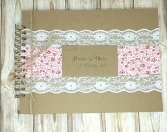 Guestbook vintage customizable Kraft, liberty and lace for a rustic wedding decoration