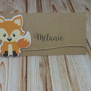 Lot de 5 Marque place en kraft et ficelle en toile de jute renard prénoms imprimés