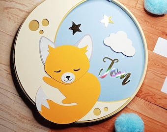 Cadre personnalisé réalisé sur un cercle à broder en bois thème" Bonne nuit petit renard"