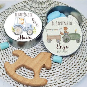 Boite à dragées en métal argenté personnalisée sur le thème tracteur, renard fermier. Ideal pour cadeaux invités Baptême ou anniversaire