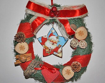 Vintage Christmas wreath in colors red, and green slices of cherry wood and pine cones