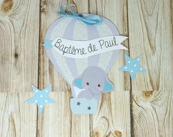 Birth announcement, baby shower or Baptism hot air balloon elephant with shutter style photo