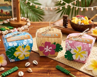 Set of 5 Tropical Party Favor Boxes Moana Vaiana Paradise Hawaiian Hibiscus Flowers