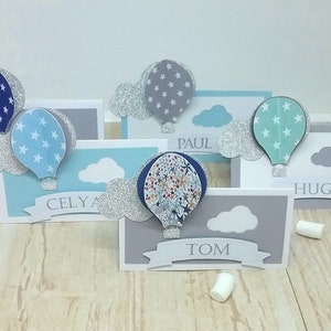 Lot de 6 Marque_place montgolfière 3D montée sur carte double avec prénom de votre invité imprimé et couleurs personnalisées