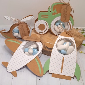 Lot de 5 contenants à dragées type porte- boule + boule en plexi  thème tracteur, avion, fusée et hélicoptère couleurs personnalisables