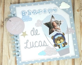 Livre d'or pour baptême, anniversaire, baby shower en tissu thème montgolfière ours