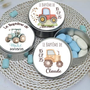 Boite à dragées en métal argenté personnalisée sur le thème tracteur, ferme. Ideal pour cadeaux invités Baptême ou anniversaire