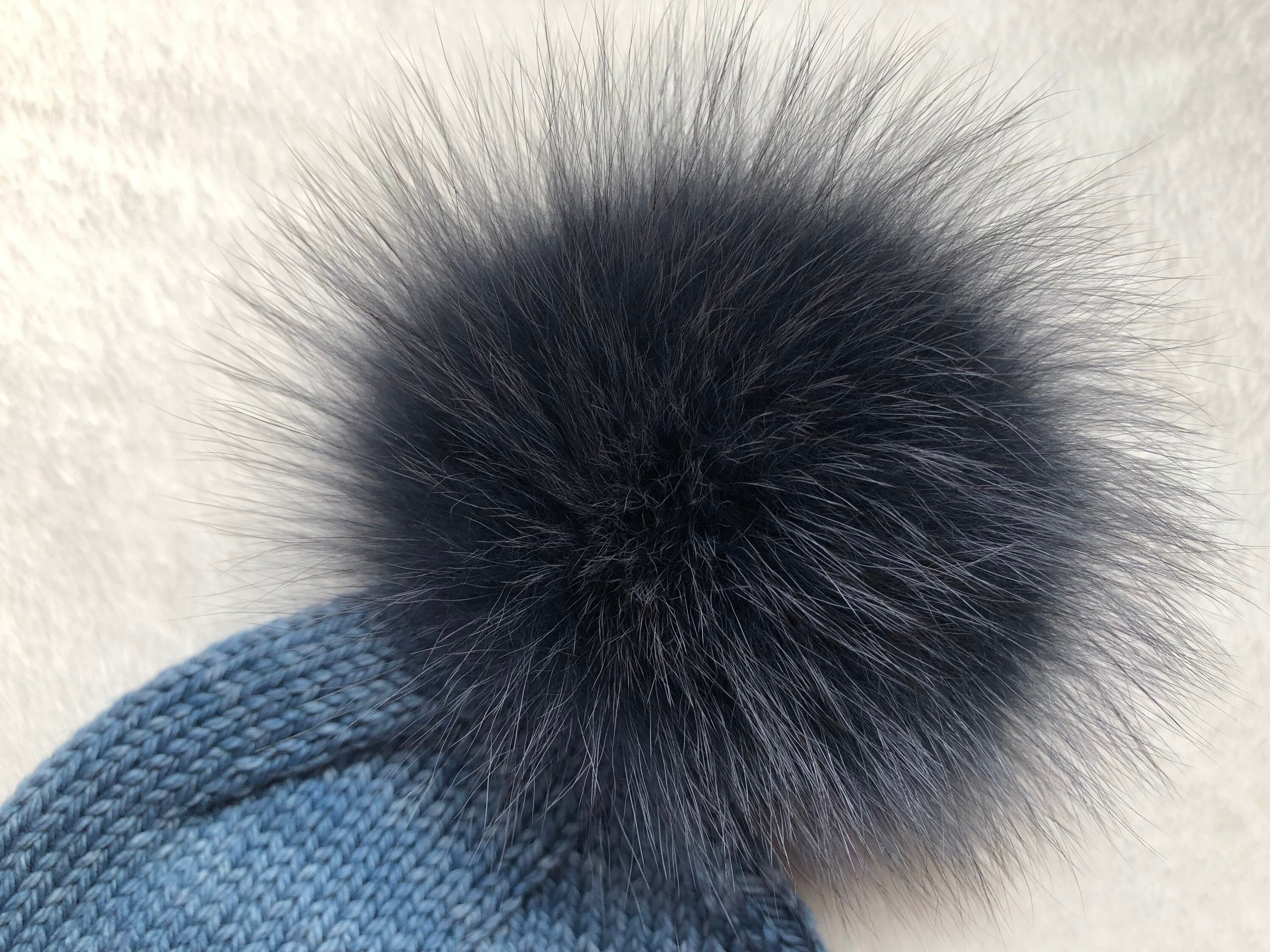 Love Nana Irish Merino Wool Slouch Beanie Hat Fur Pompom Handmade Blue OS Beanie Blue Navy & Camel pompom - Awana Alpaca main image 2