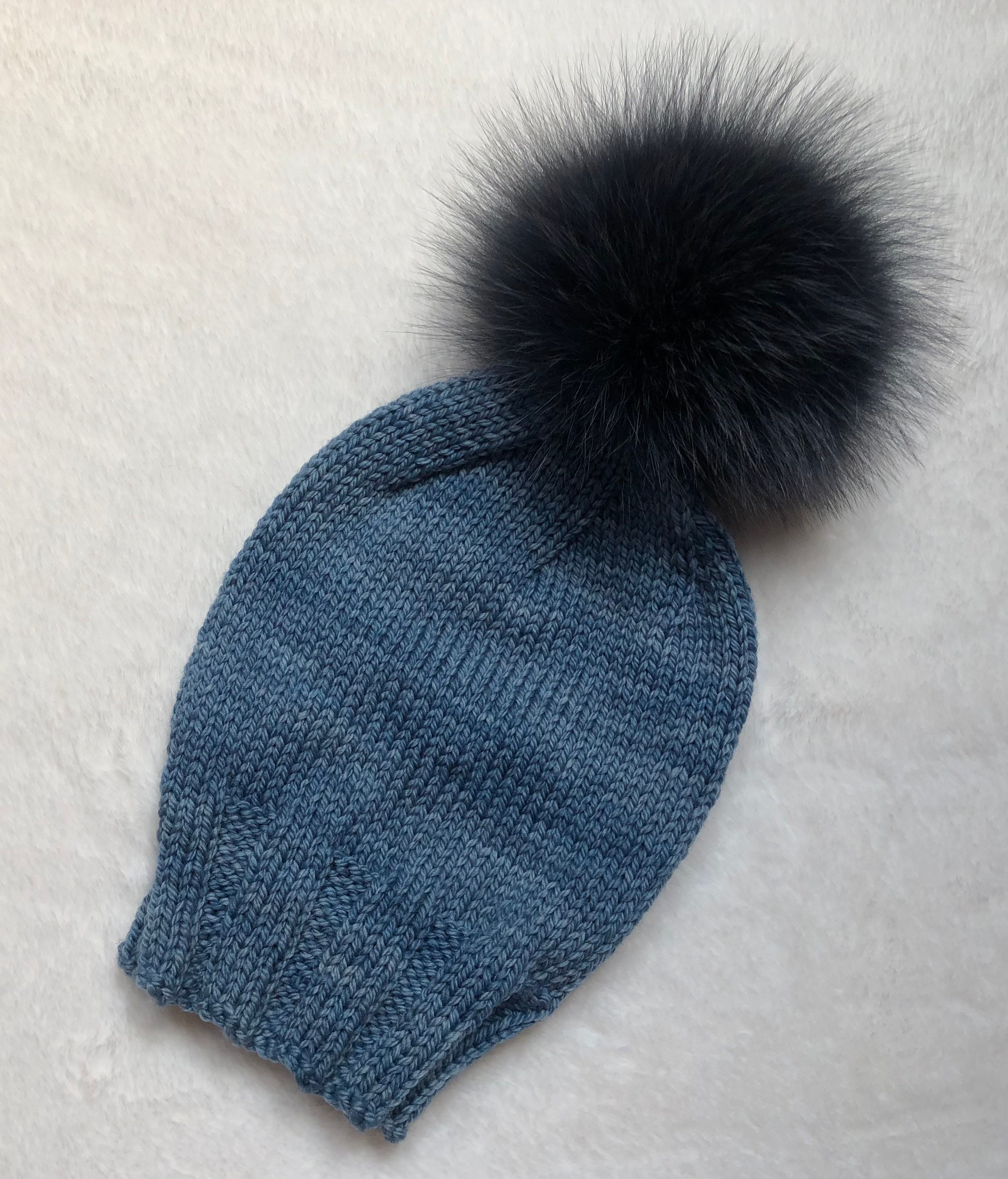 Love Nana Irish Merino Wool Slouch Beanie Hat Fur Pompom Handmade Blue OS Beanie Blue Navy & Camel pompom - Awana Alpaca main image 4