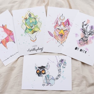 Set of 5 watercolor animal cards
